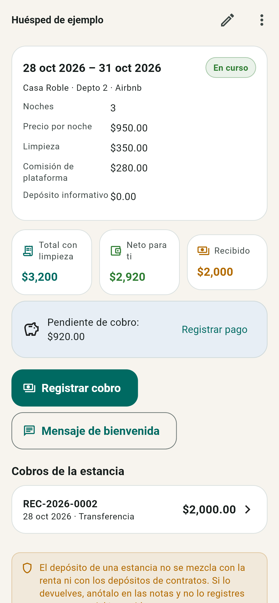 Reserva de estancia corta con noches y pagos