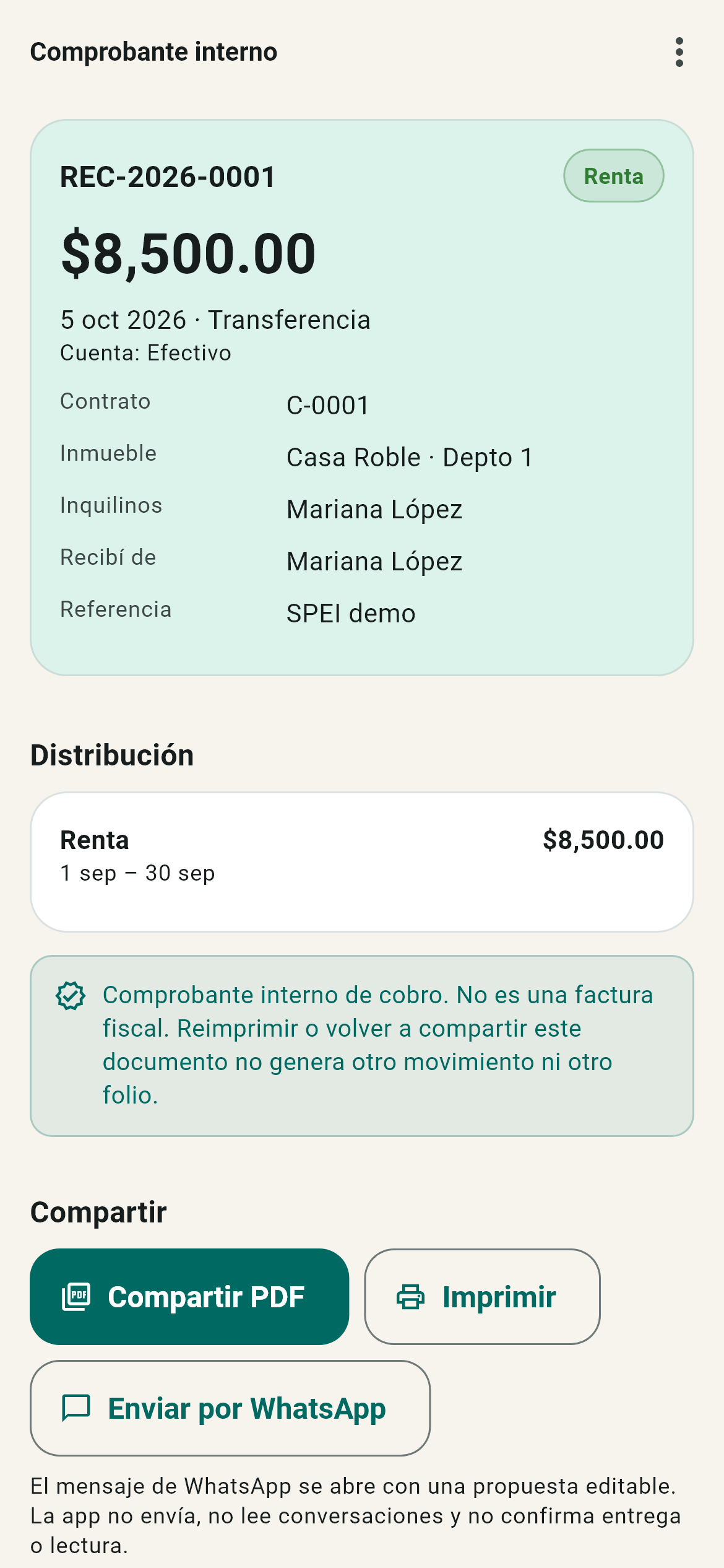 Comprobante de pago interno con distribución