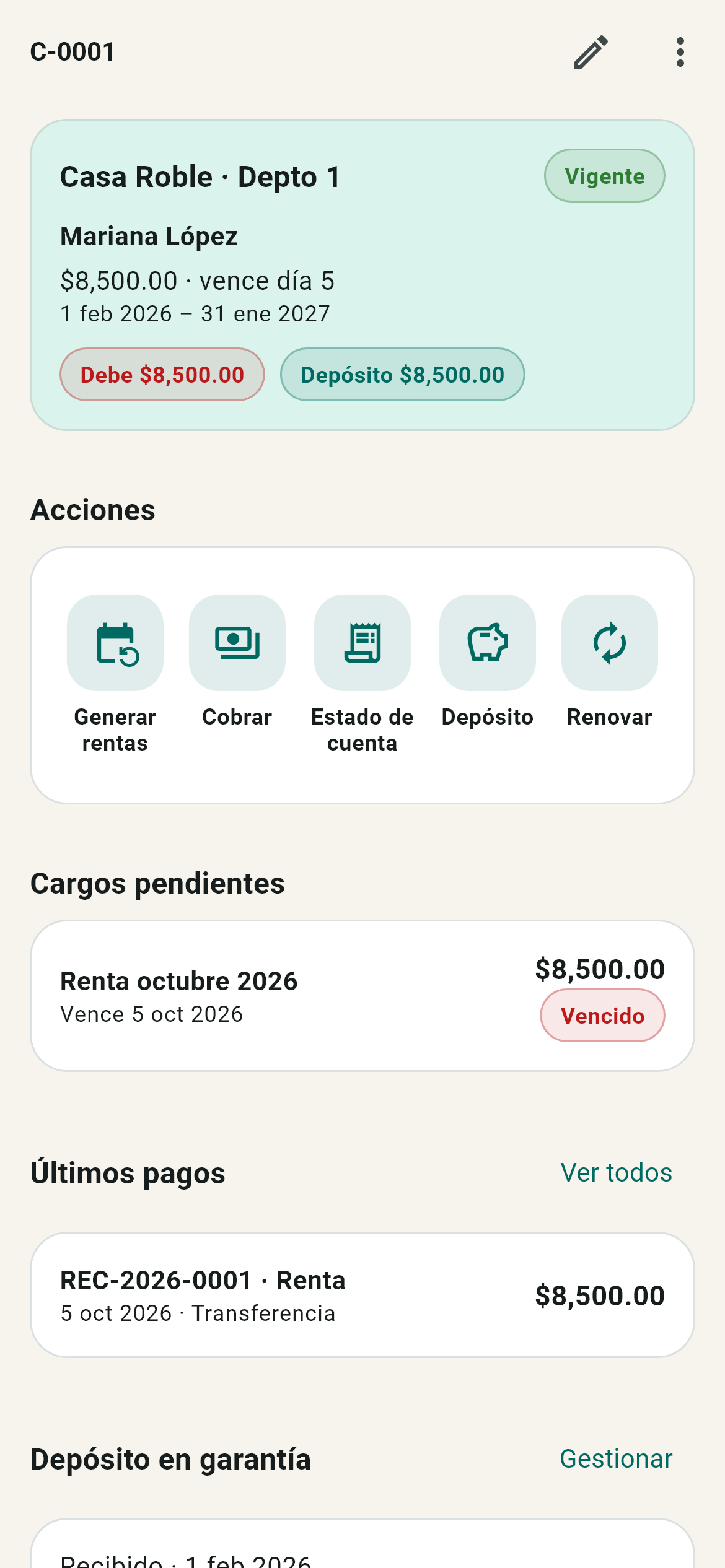 Detalle de contrato con cargos y depósito