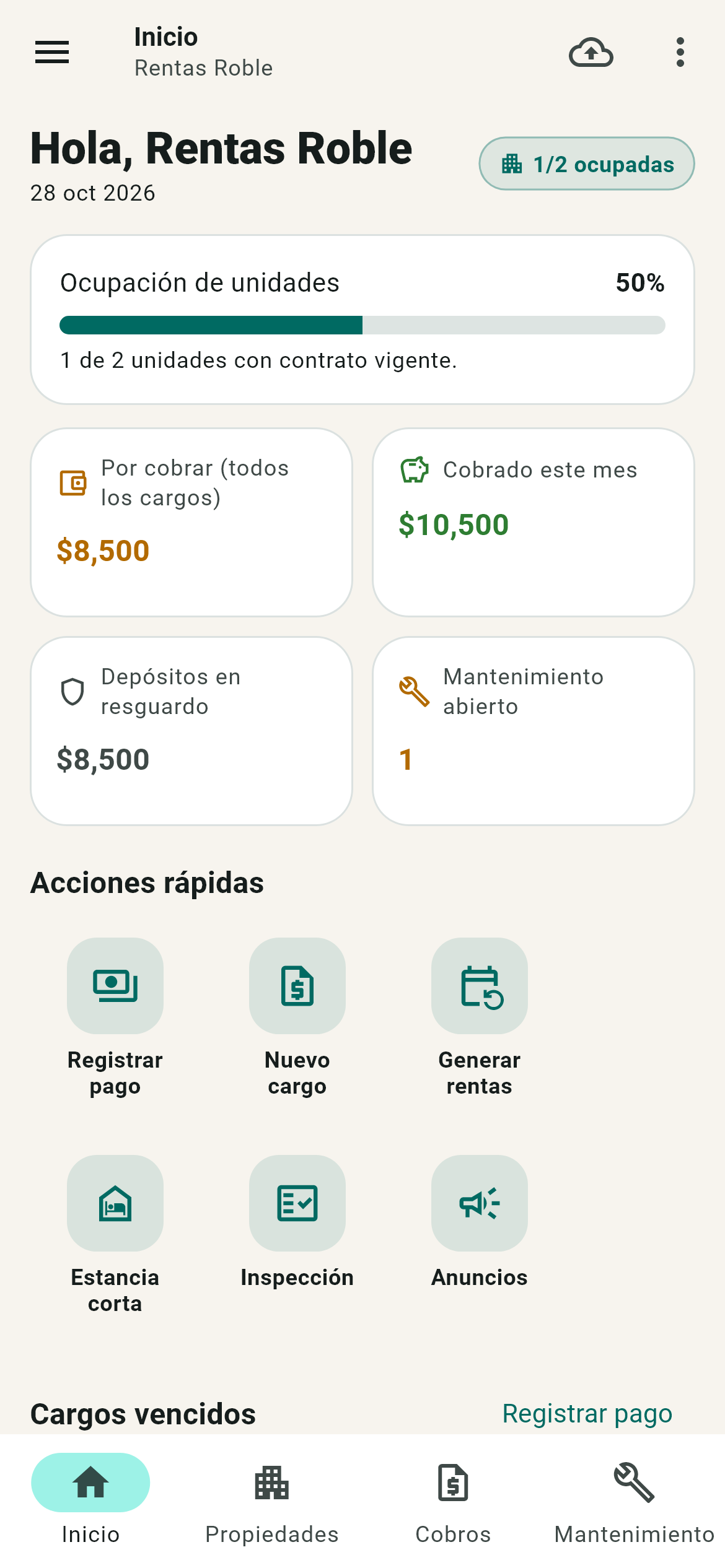 Pantalla de inicio de Mis Rentas con el resumen del mes